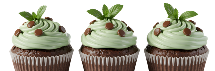 Set For Three mint chocolate cupcakes isolated on transparent background