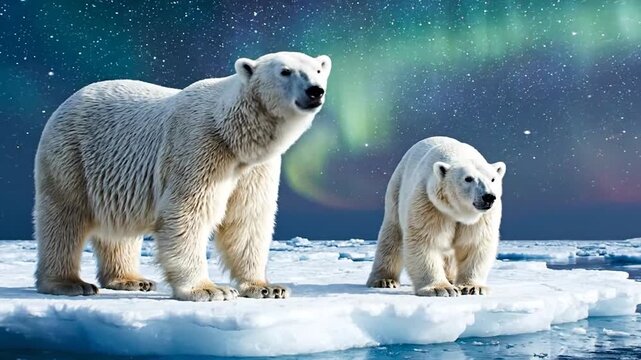 Two polar bears on ice, under the aurora borealis and a starry night sky