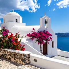 White church with bell tower and colorful bougainvillea, ocean view