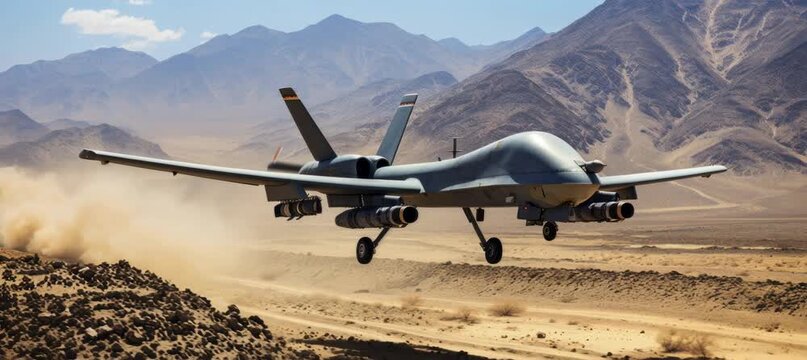 Unmanned aerial vehicle (UAV) drone landing on dirt desert track. Generative video AI technology.	
