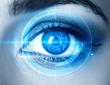 Close-up of a blue eye with digital targeting overlay