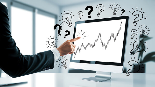 Businessman pointing at stock market graph with light bulbs and question marks finance