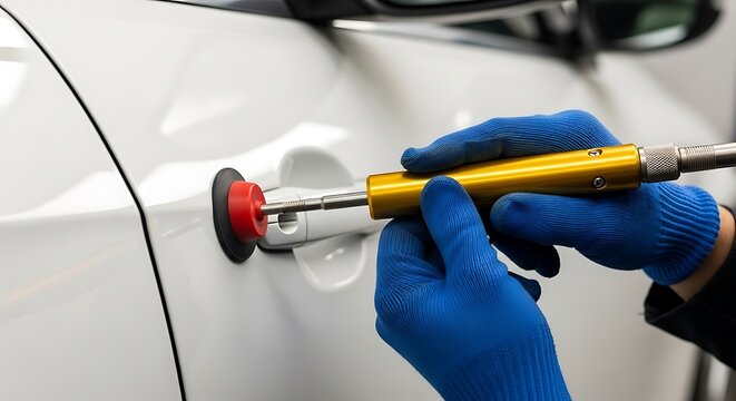 Dent repair tool on white car door car repair dent removal