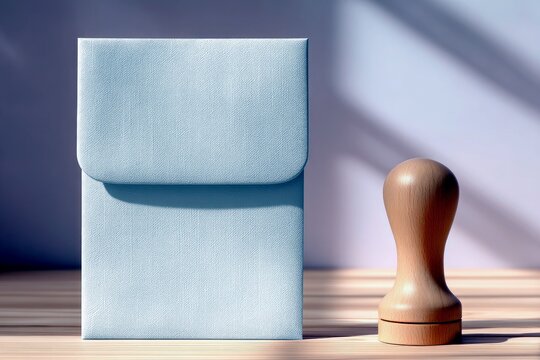 A light blue textured envelope stands next to a wooden stamp on a wooden surface, with dappled light creating shadows. - Powered by Adobe