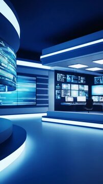 Control Room Interface with tv studio news background blue newsroom bakground backdrop for any green screen or chroma key video production blurred of at station loop 3d rendering distortion, overlay