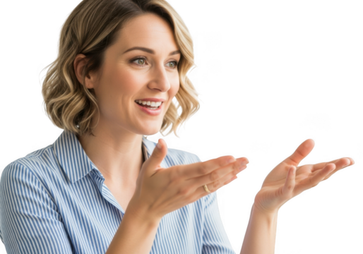 Woman gesturing with hands isolated on transparent background