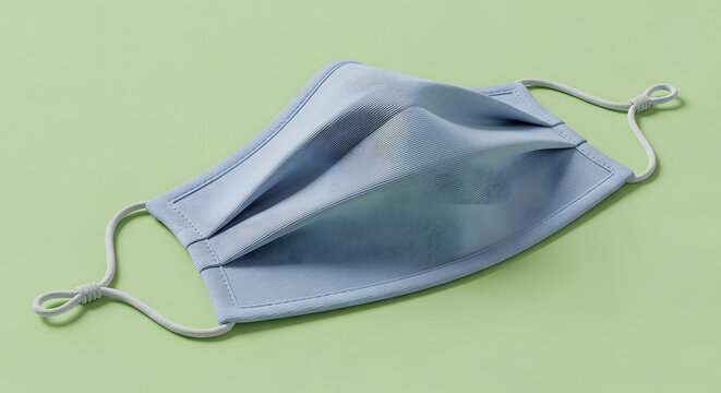 A light blue reusable cloth face mask with adjustable ear loops for personal protection against viruses and pollution, isolated on a solid green background - Powered by Adobe