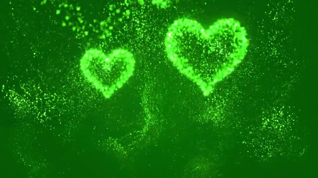 Green Screen particle glitter glow heart background loop seamless scene 2 with distortion, overlay, glitch, static noise, scan lines on black background, 4k animated video