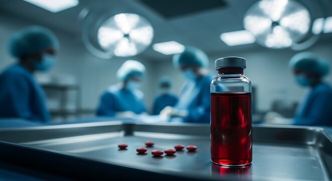 Medical vial and pills in operating room red liquid