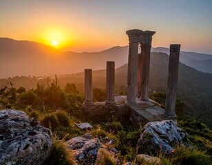 Ancient pillars and landscape bathed in warm sunset hues