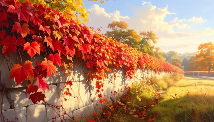 Autumn Foliage on a Stone Wall, Landscape Scene with Vibrant Colors