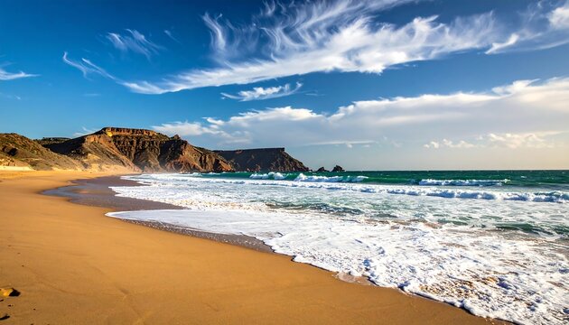 Sandy beach, turquoise waves, rocky cliffs, and a bright blue sky