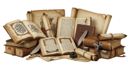 Antique Books Scrolls And Quill Pen With Inkwell isolated on Transparent Background