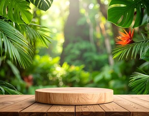 Wooden stage framed by tropical leaves, backdrop a sunlit jungle