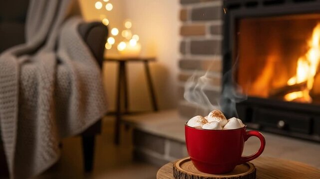 Warm hot cocoa by the fireplace evokes cozy winter evenings with copy space on right for holiday cheer