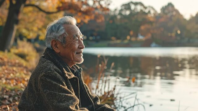 A moment of quiet contemplation for an elderly gentleman enjoying the serene beauty of an autumn landscape by the water