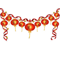 Traditional chinese red lanterns and ribbons strung together as a festive decoration isolated on transparent background