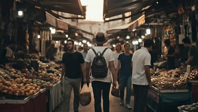 Backpacker Exploring Bustling Market Street with Fruit Stalls at Sunset - Powered by Adobe