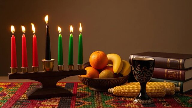 Kwanzaa celebration candles glowing, fostering cultural unity and heritage, family traditions, warm light