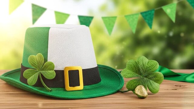 Celebrate St. Patrick's Day with luck and cheer Clover and Irish hat on wooden table for copy space