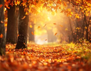 Scenic sunlit path through trees with falling orange leaves
