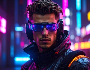 Young man with futuristic eyewear in a neon-lit urban scene
