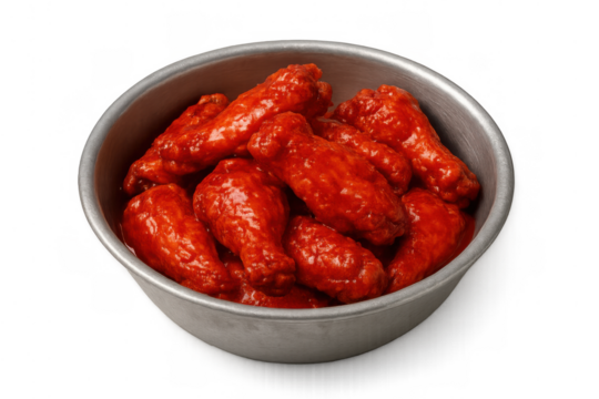 Spicy buffalo chicken wings in metal bowl, tender fried drummettes coated in hot red sauce, fast food appetizer, transparent background