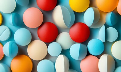 Colorful pills displayed in an abstract arrangement, representing health supplements, medical treatments, and scientific research. The image emphasizes the variety of pharmaceutical, Generative AI