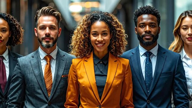 Diverse and inclusive team of smiling business professionals confidently standing together, embodying success and a collaborative spirit in a modern corporate setting