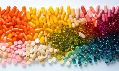 Colorful pills displayed in an abstract arrangement, representing health supplements, medical treatments, and scientific research. The image emphasizes the variety of pharmaceutical, Generative AI