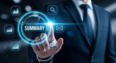 Business executive touching summary interface suit