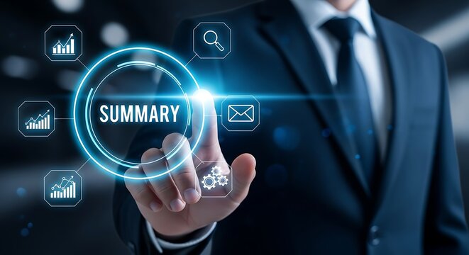 Business executive touching summary interface suit