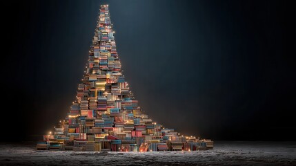 Illuminated Stack of Books Forming a Christmas Tree on Dark Background