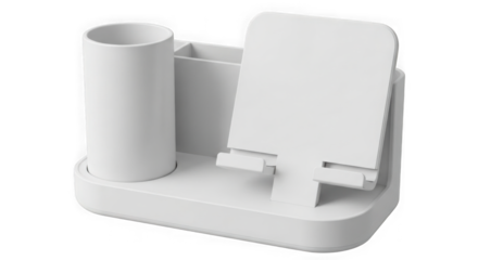 White desk organizer with phone stand and pen holder isolated on transparent background
