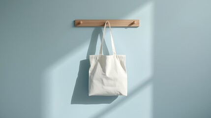 Simple canvas tote bag hanging on a wooden hook on a blue wall