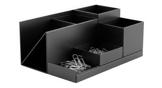 Black modern desk organizer with paper clips isolated on transparent background
