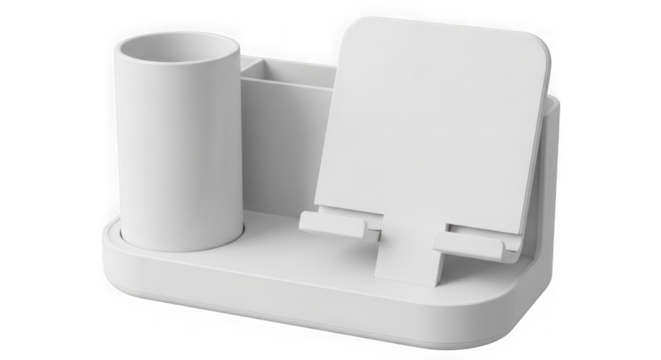 White desk organizer with phone stand and pen holder isolated on transparent background