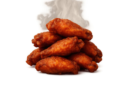 Spicy buffalo chicken wings piled with steam, hot fried snack food on transparent background for menus and advertising