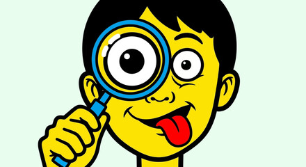 Cartoon boy with yellow skin holding magnifying glass up to his eye and sticking out tongue
