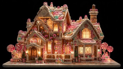 Intricate Pink and White Gingerbread House with Candy Decorations and Warm Lighting
