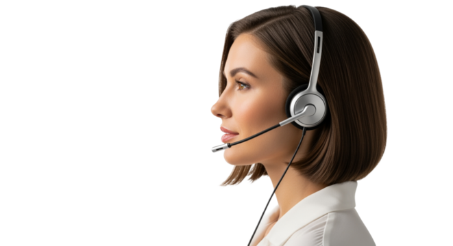 Portrait of a woman wearing a headset against an isolated transparent background.