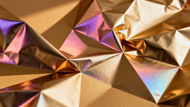Crumpled gold foil with iridescent lighting creates vibrant abstract pattern, showcasing mix of colors and textures. geometric folds add depth and intrigue to composition