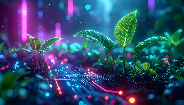 Digital Garden Where Nature Meets Technology in a Neon-Lit Futuristic Ecosystem