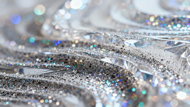 Close up of sparkling glitter on textured surface, showcasing dazzling array of colors and reflections. macro perspective highlights intricate details and shimmering beauty
