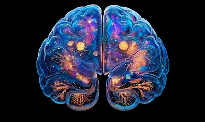 Human brain and neural network depicted on a black background, representing scientific exploration, mental health, and cognitive functions. The iridescent and holographic design, Generative AI