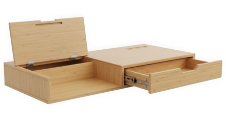 Wooden storage box with open lid and drawer isolated on transparent background