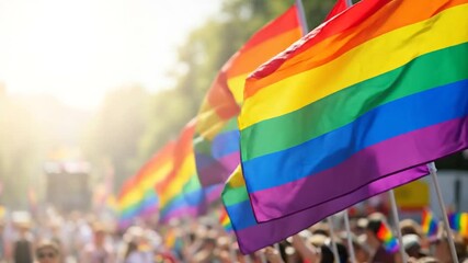 Vibrant rainbow flags wave proudly during Pride parade celebrating love and equality for all people