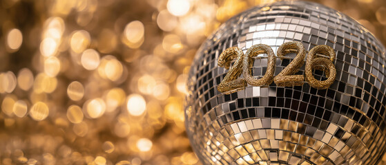 2026 disco ball with golden bokeh lights, created AI