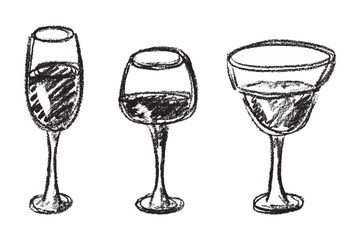 Set of hand drawn wine and champagne glasses Alcohol drink clipart in doodle style Single element for print, web, design, decor Happy New Year