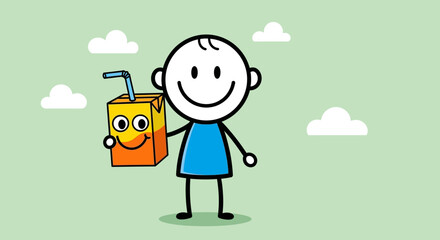 Stick figure holding a juice box with a straw on a light green background with clouds